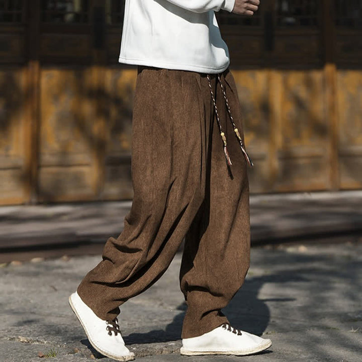 Buddha Stones Fall Winter Casual Retro Drawstring Solid Corduroy Ankle Pants Men's Wide Leg Pants With Pocket - image 2