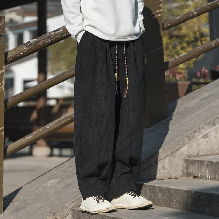 Buddha Stones Fall Winter Casual Retro Drawstring Solid Corduroy Ankle Pants Men's Wide Leg Pants With Pocket - image 17