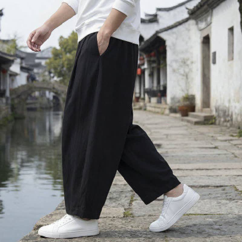Buddha Stones Fall Casual Minimalist Drawstring Solid Cropped Pants Men's Straight Leg Pants With Pockets - image 4