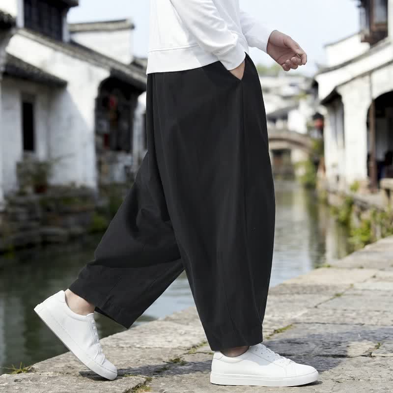 Buddha Stones Fall Casual Minimalist Drawstring Solid Cropped Pants Men's Straight Leg Pants With Pockets - image 2