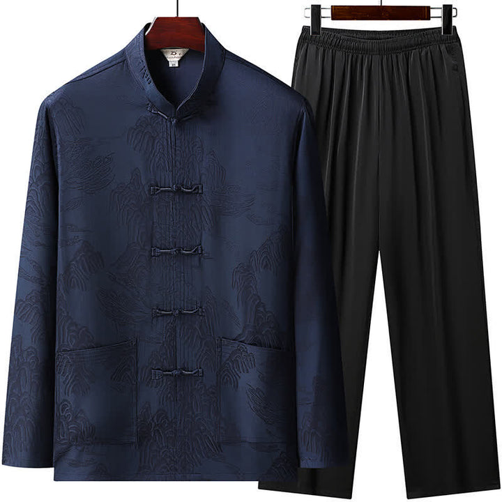 Buddha Stones 2Pcs Spring Fall Tang Style Classic Mandarin Collar Cloud Pattern Men's Meditation Cloth With Pockets - MidnightBlue - US/UK/AU46, EU56 (5XL) - image 17