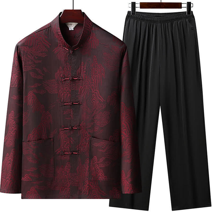 Buddha Stones 2Pcs Spring Fall Tang Style Classic Mandarin Collar Cloud Pattern Men's Meditation Cloth With Pockets - Maroon - US/UK/AU46, EU56 (5XL) - image 9