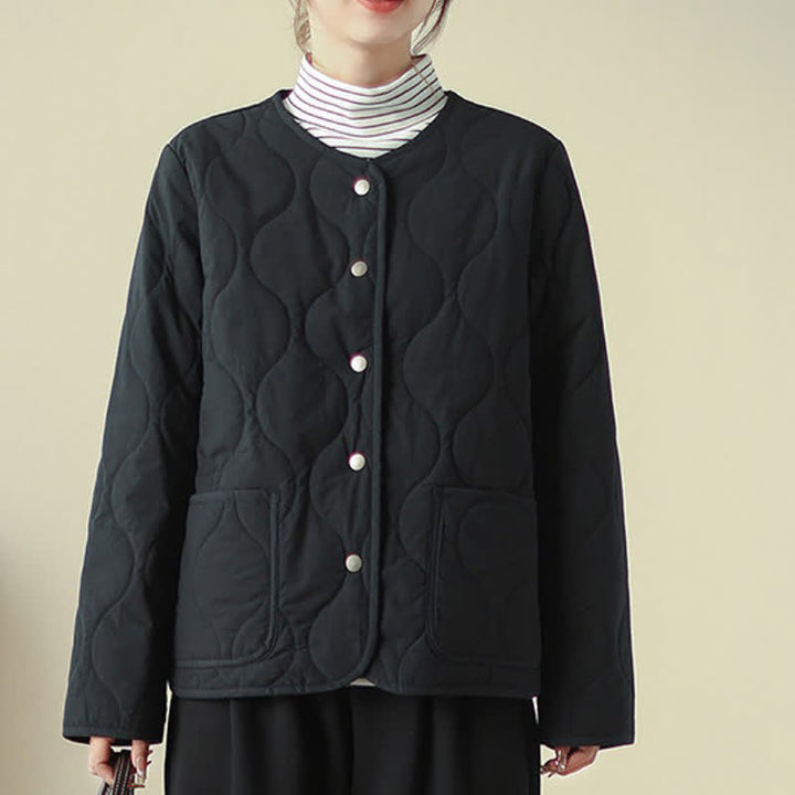 Buddha Stones Fall Winter Casual Minimalist Button-Up Geometric Curved Lines Women's Jacket With Pockets - Black - US8-10, UK/AU12-14, EU40-42 (2XL) - image 6
