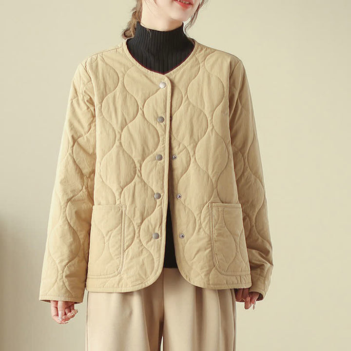 Buddha Stones Fall Winter Casual Minimalist Button-Up Geometric Curved Lines Women's Jacket With Pockets - Khaki - US8-10, UK/AU12-14, EU40-42 (2XL) - image 10