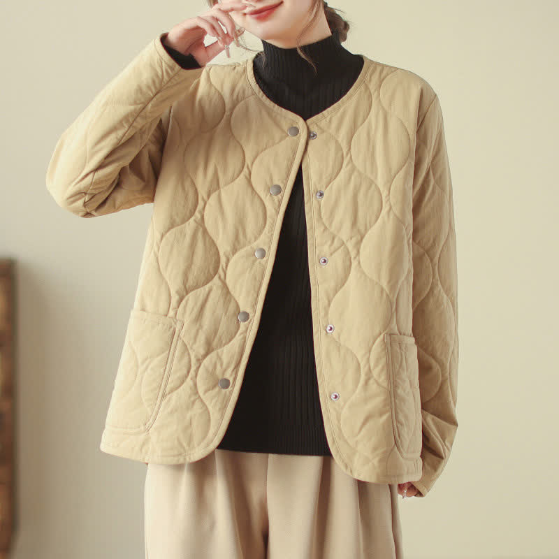 Buddha Stones Fall Winter Casual Minimalist Button-Up Geometric Curved Lines Women's Jacket With Pockets - image 11