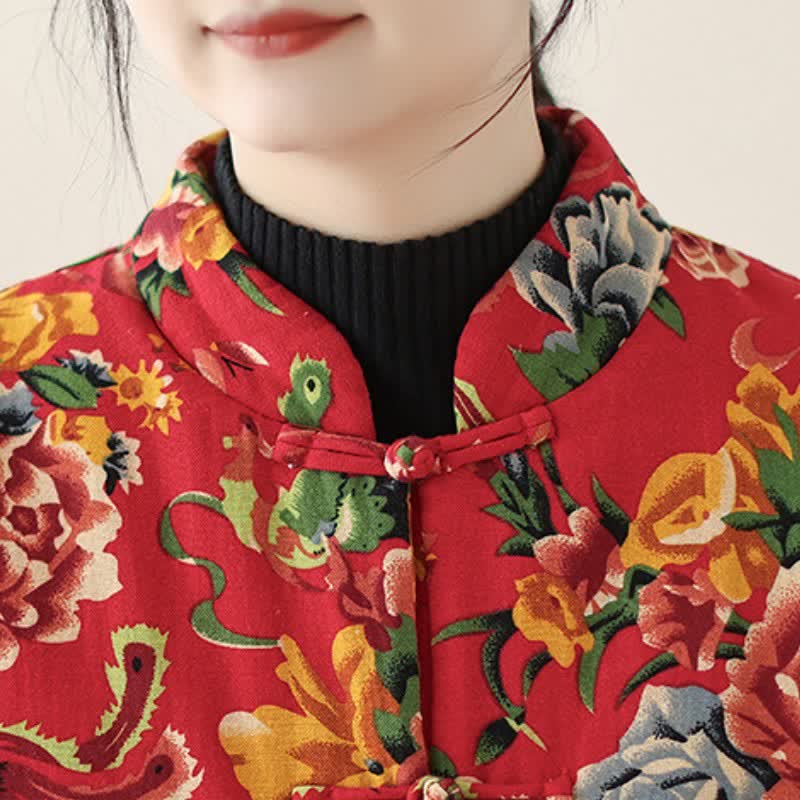 Buddha Stones Winter Vintage Tang Style Frog Button Peony Floral Women's Jacket With Pockets - image 7