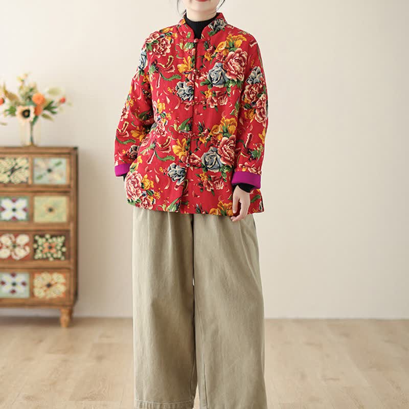 Buddha Stones Winter Vintage Tang Style Frog Button Peony Floral Women's Jacket With Pockets - image 5