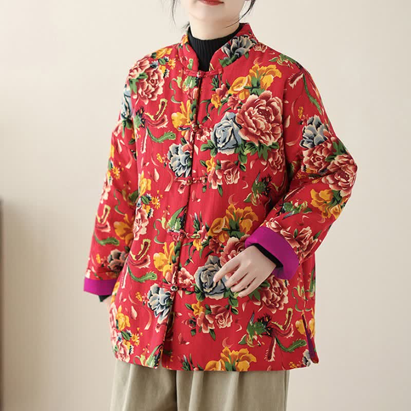 Buddha Stones Winter Vintage Tang Style Frog Button Peony Floral Women's Jacket With Pockets - image 4