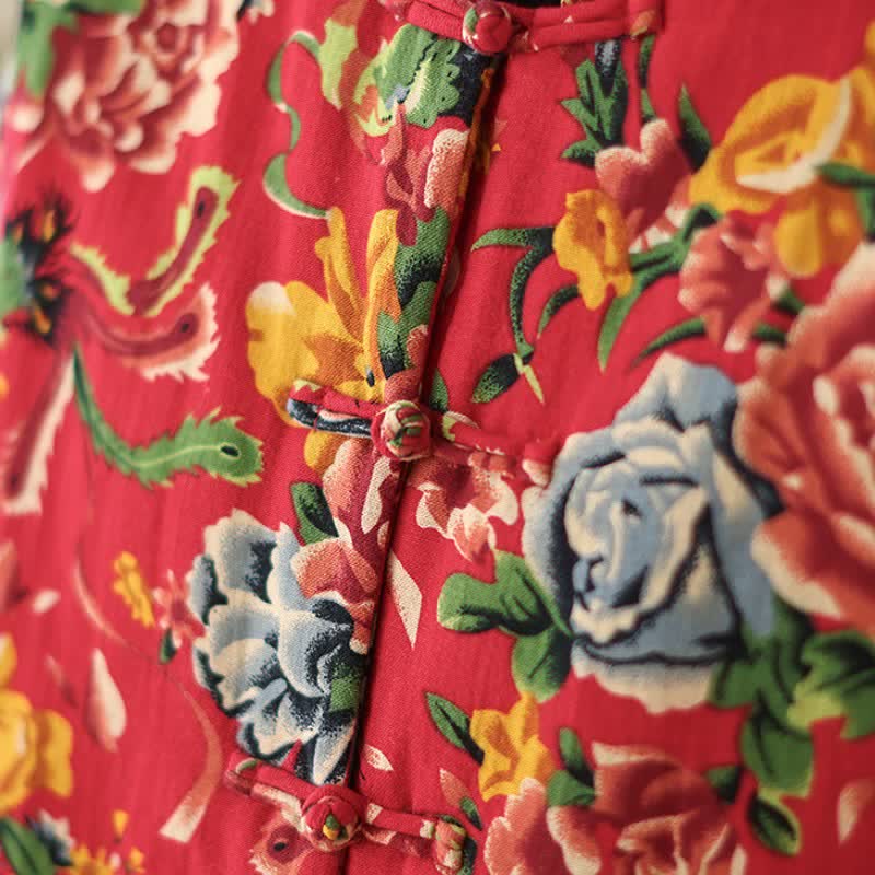 Buddha Stones Winter Vintage Tang Style Frog Button Peony Floral Women's Jacket With Pockets - image 9