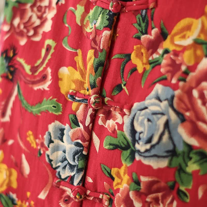 Buddha Stones Winter Vintage Tang Style Frog Button Peony Floral Women's Jacket With Pockets - image 9