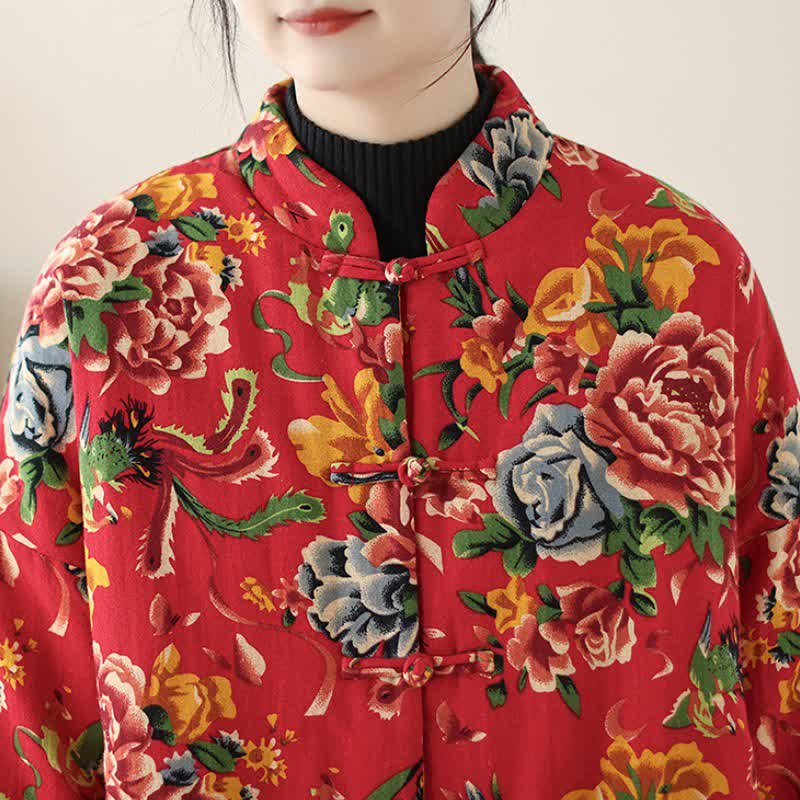 Buddha Stones Winter Vintage Tang Style Frog Button Peony Floral Women's Jacket With Pockets - image 6