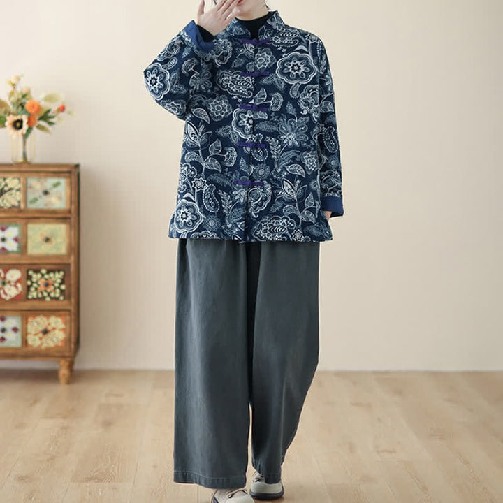 Buddha Stones Winter Vintage Tang Style Frog Button Peony Floral Women's Jacket With Pockets - image 16