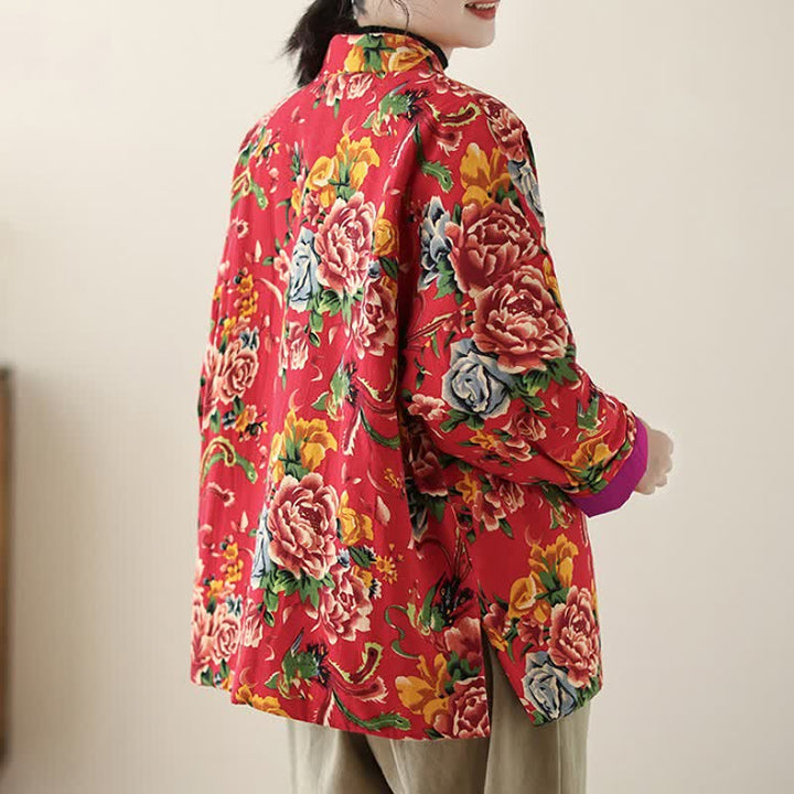 Buddha Stones Winter Vintage Tang Style Frog Button Peony Floral Women's Jacket With Pockets - image 3