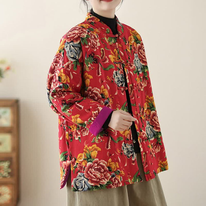 Buddha Stones Winter Vintage Tang Style Frog Button Peony Floral Women's Jacket With Pockets - image 2
