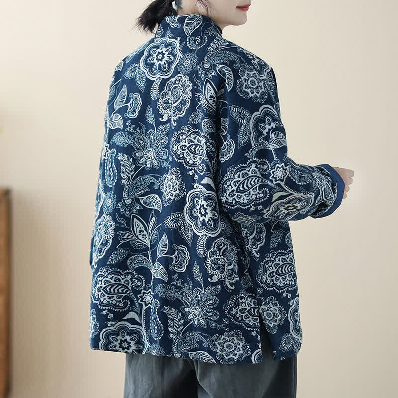 Buddha Stones Winter Vintage Tang Style Frog Button Peony Floral Women's Jacket With Pockets - image 15