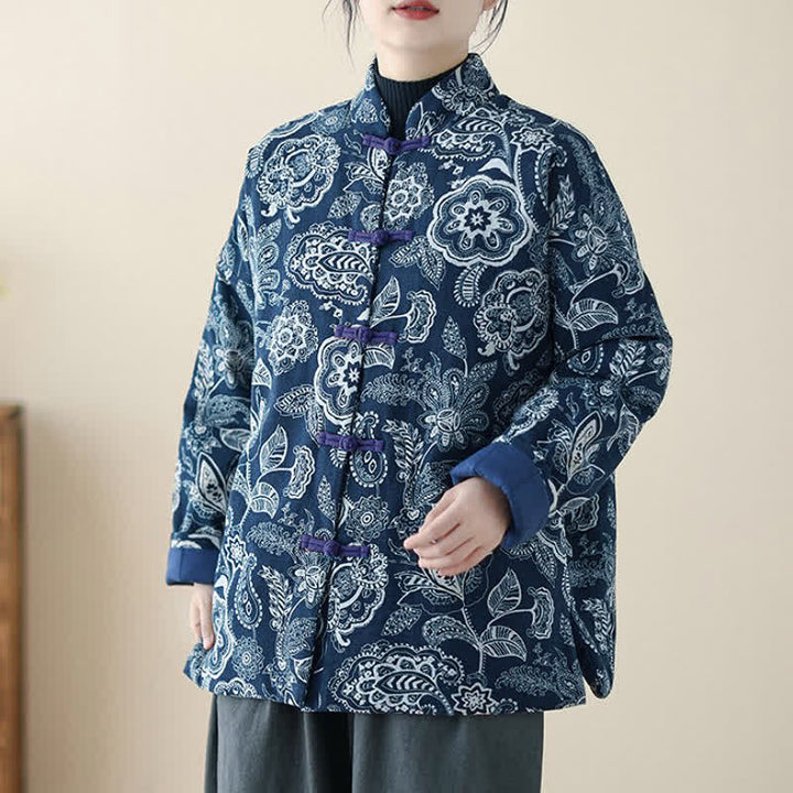 Buddha Stones Winter Vintage Tang Style Frog Button Peony Floral Women's Jacket With Pockets - image 14
