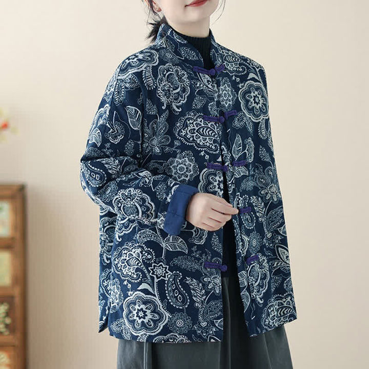 Buddha Stones Winter Vintage Tang Style Frog Button Peony Floral Women's Jacket With Pockets - image 12