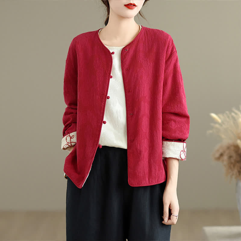 Buddha Stones Fall Winter Vintage Tang Style Embroidery Frog Button Floral Reversible Design Cropped Women's Jacket - image 1