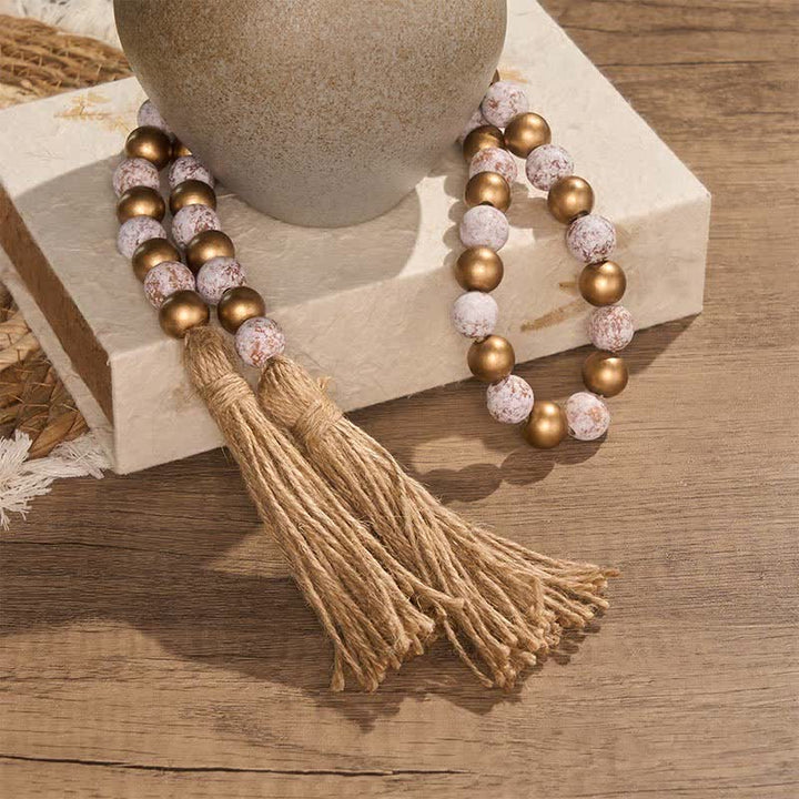 Buddha Stones Distressed White Gold Round Wood Bead Garland Mindful Living Decor - image 3