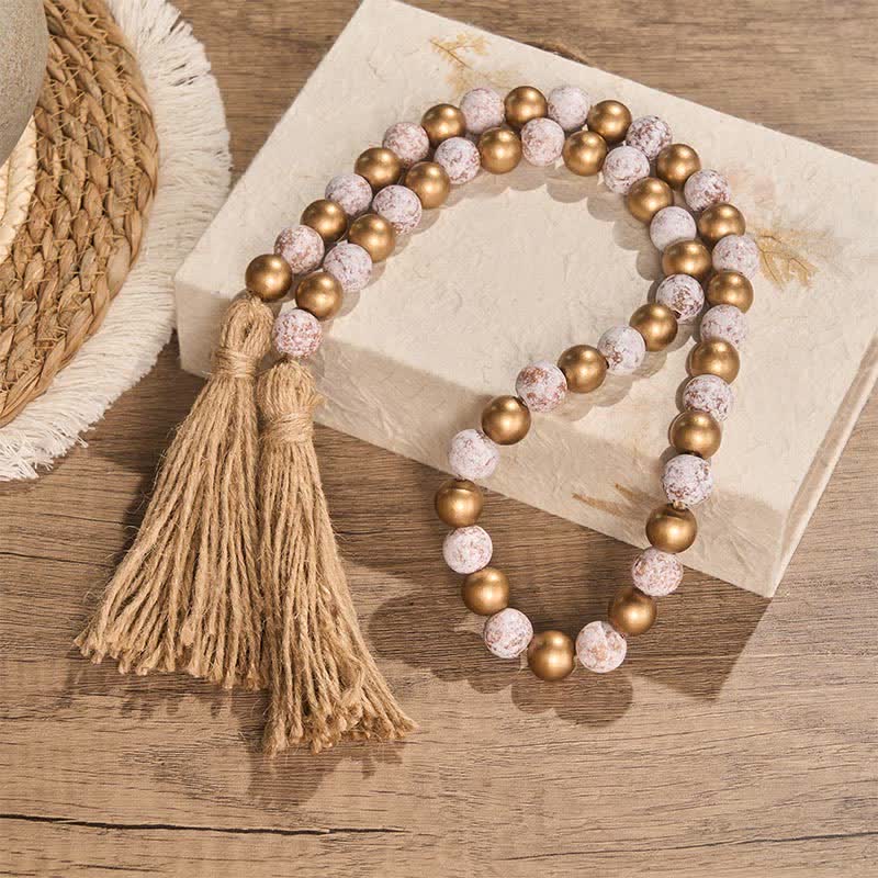 Buddha Stones Distressed White Gold Round Wood Bead Garland Mindful Living Decor - image 2