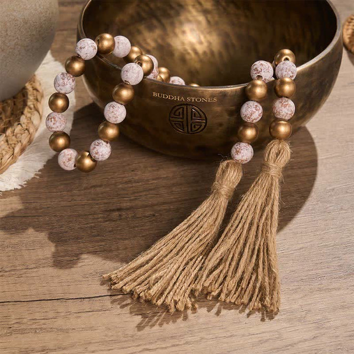 Buddha Stones Distressed White Gold Round Wood Bead Garland Mindful Living Decor - image 4