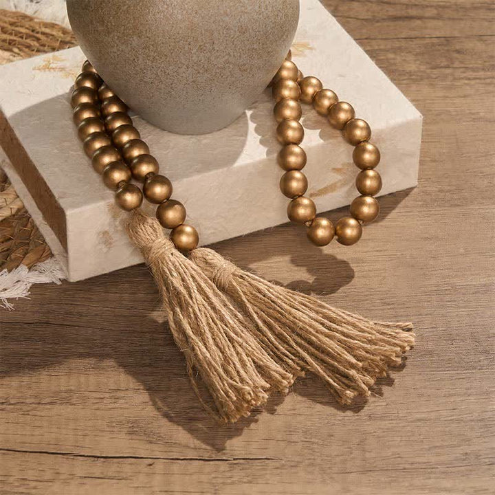 Buddha Stones Gold Rustic Wooden Bead Garland with Tassels Mindful Living Decor - image 3