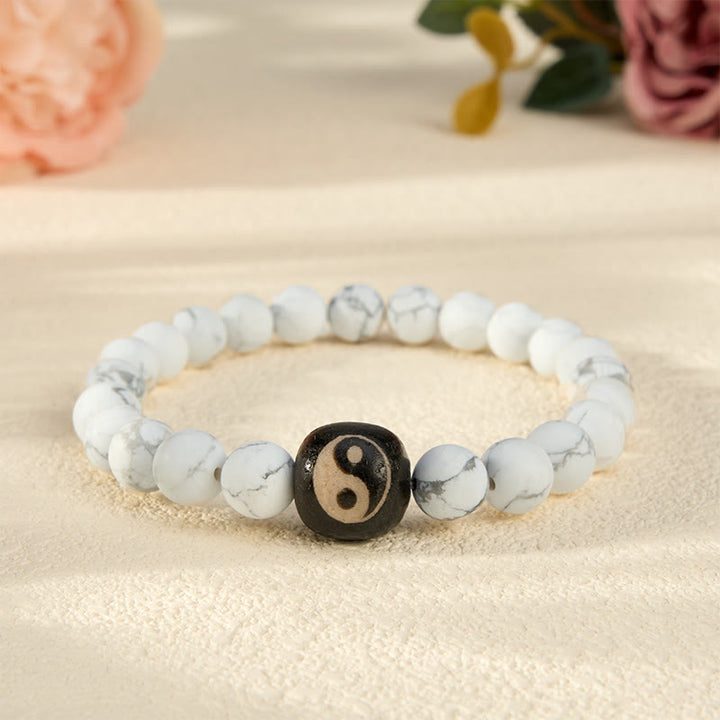 Buddha Stones Black Onyx White Turquoise Yin Yang Balance Round Bead Bracelet - White Turquoise - 5.9–6.3 in (15–16 cm) - image 10