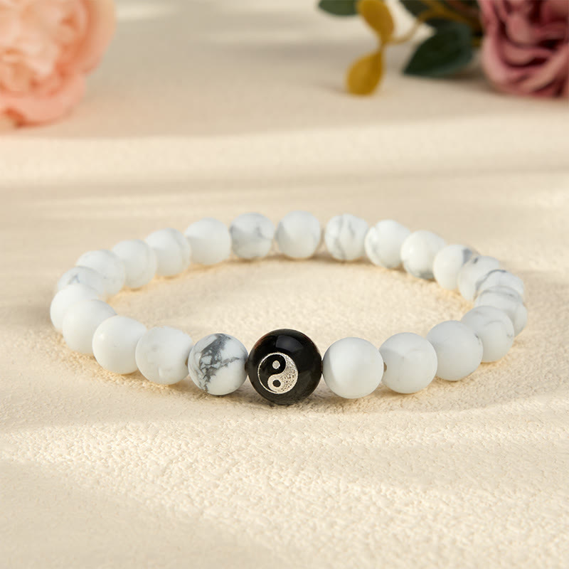 Buddha Stones Black Onyx White Turquoise Yin Yang Black Obsidian Round Bead Balance Bracelet - White Turquoise - 5.9–6.3 in (15–16 cm) - image 11