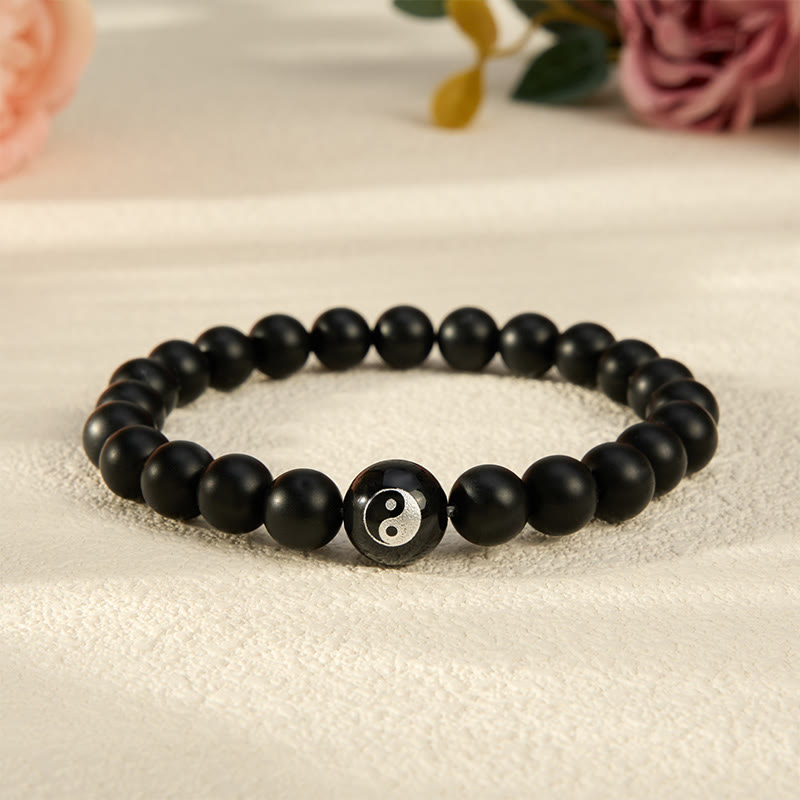 Buddha Stones Black Onyx White Turquoise Yin Yang Black Obsidian Round Bead Balance Bracelet - Black Onyx - 5.9–6.3 in (15–16 cm) - image 0