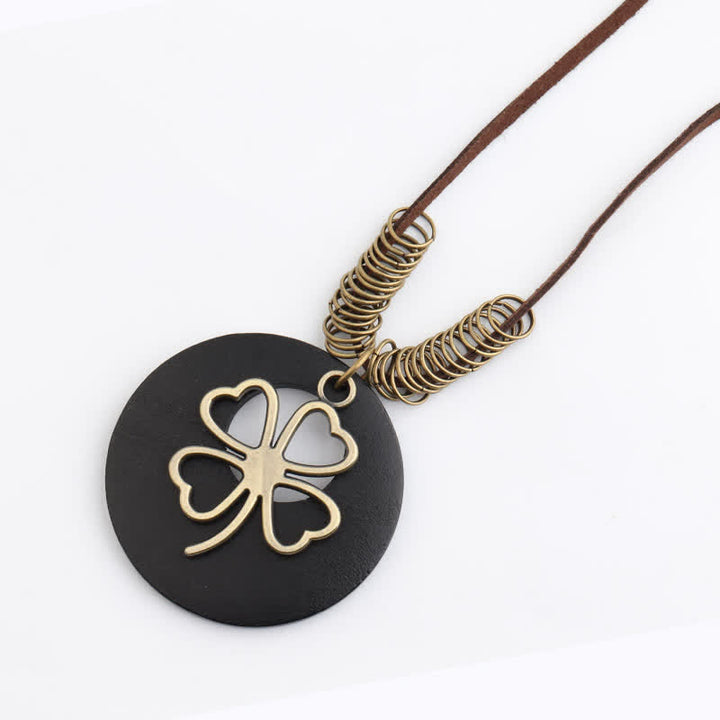 Buddha Stones Vintage Wooden Four Leaf Clover Hollow Pendant Necklace - image 4