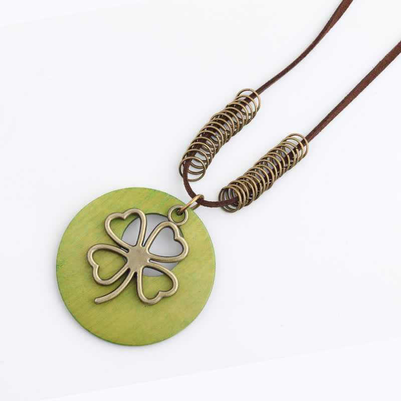 Buddha Stones Vintage Wooden Four Leaf Clover Hollow Pendant Necklace - image 2