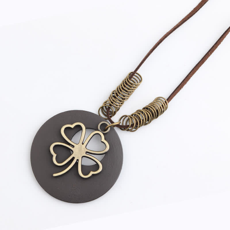 Buddha Stones Vintage Wooden Four Leaf Clover Hollow Pendant Necklace - image 7