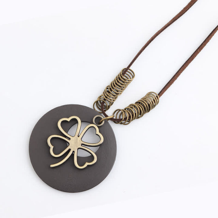 Buddha Stones Vintage Wooden Four Leaf Clover Hollow Pendant Necklace - image 7
