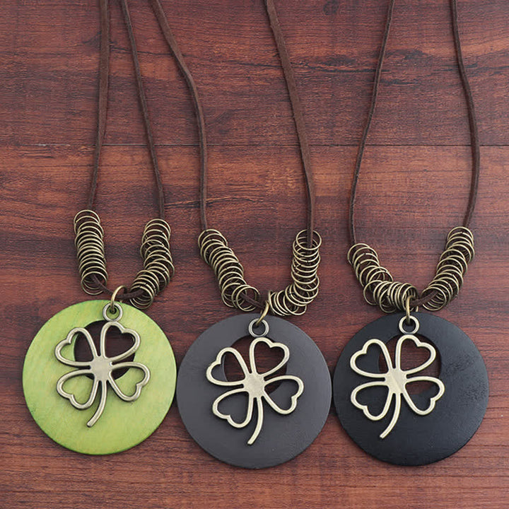 Buddha Stones Vintage Wooden Four Leaf Clover Hollow Pendant Necklace - image 9