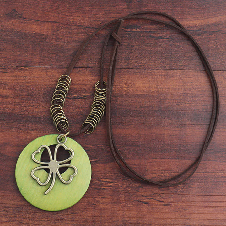 Buddha Stones Vintage Wooden Four Leaf Clover Hollow Pendant Necklace - image 1