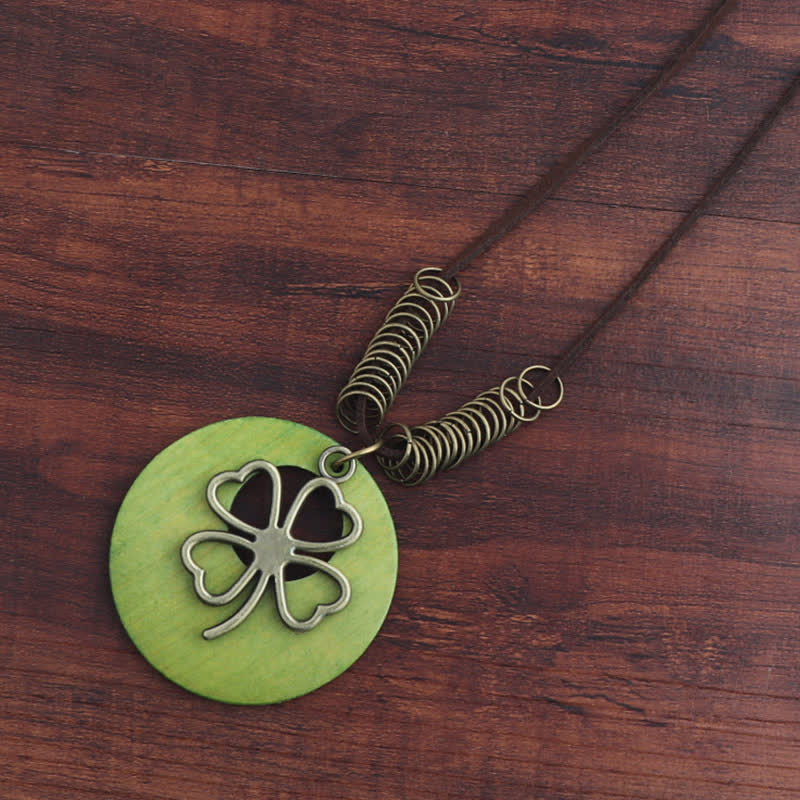 Buddha Stones Vintage Wooden Four Leaf Clover Hollow Pendant Necklace - Green - image 0