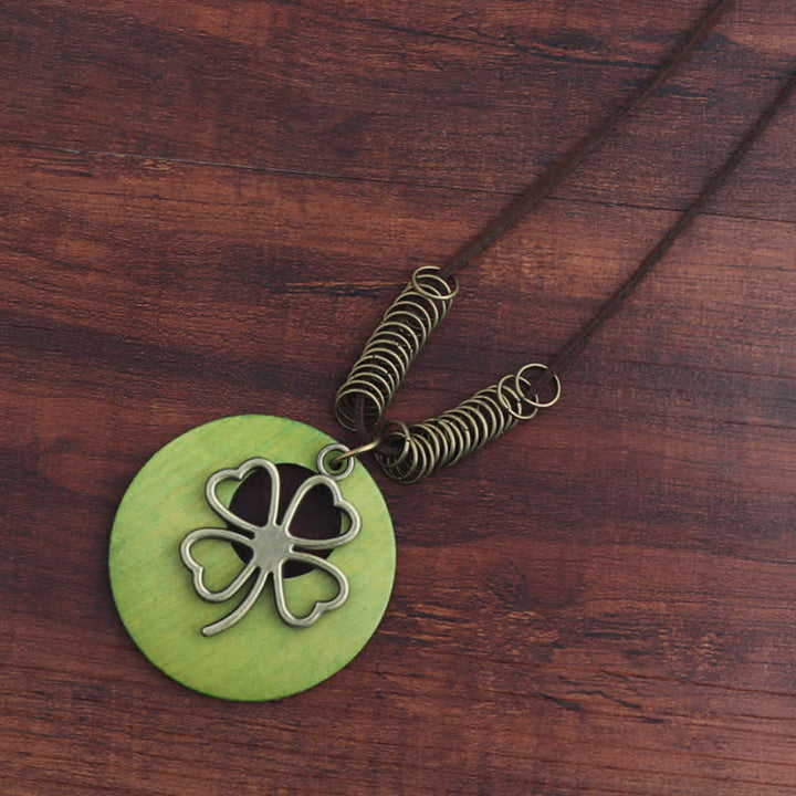 Buddha Stones Vintage Wooden Four Leaf Clover Hollow Pendant Necklace - Green - image 0