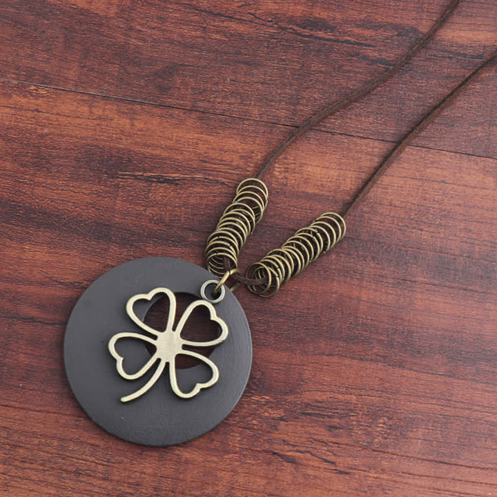 Buddha Stones Vintage Wooden Four Leaf Clover Hollow Pendant Necklace - Brown - image 6