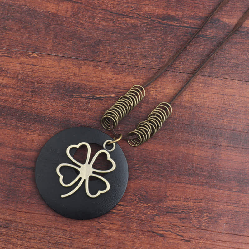 Buddha Stones Vintage Wooden Four Leaf Clover Hollow Pendant Necklace - Black - image 3