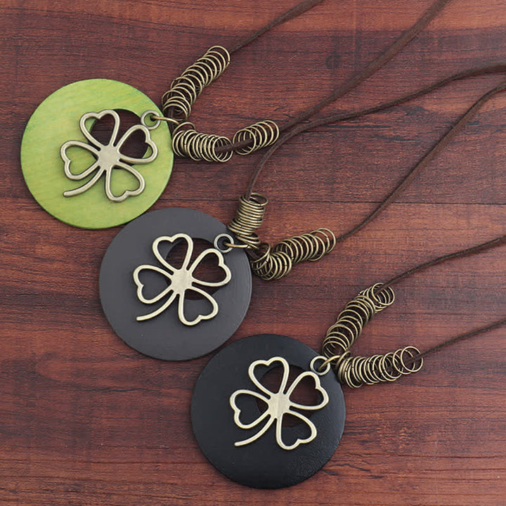 Buddha Stones Vintage Wooden Four Leaf Clover Hollow Pendant Necklace - image 8