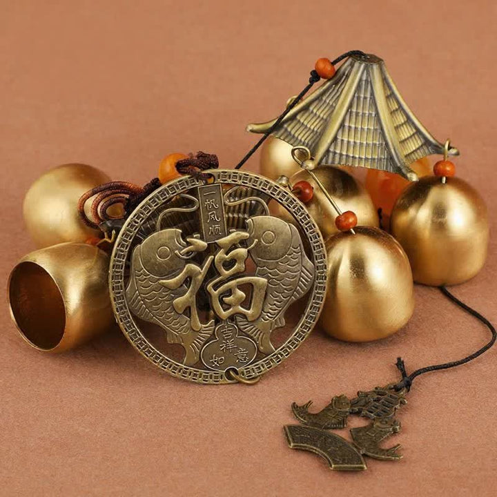 Buddha Stones Two-Tier Solid Copper Pi Xiu Bagua Koi Fish Wealth Bells & Chimes - image 11