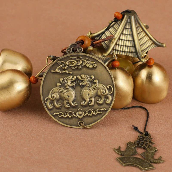 Buddha Stones Two-Tier Solid Copper Pi Xiu Bagua Koi Fish Wealth Bells & Chimes - image 2