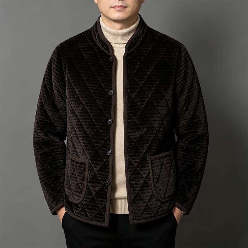 Buddha Stones Fall Winter Basic Classic Rhombus Tang Style Mandarin Collar Solid Corduroy Men's Jacket With Pockets - SaddleBrown - US/UK/AU44，EU54 (5XL) - image 11