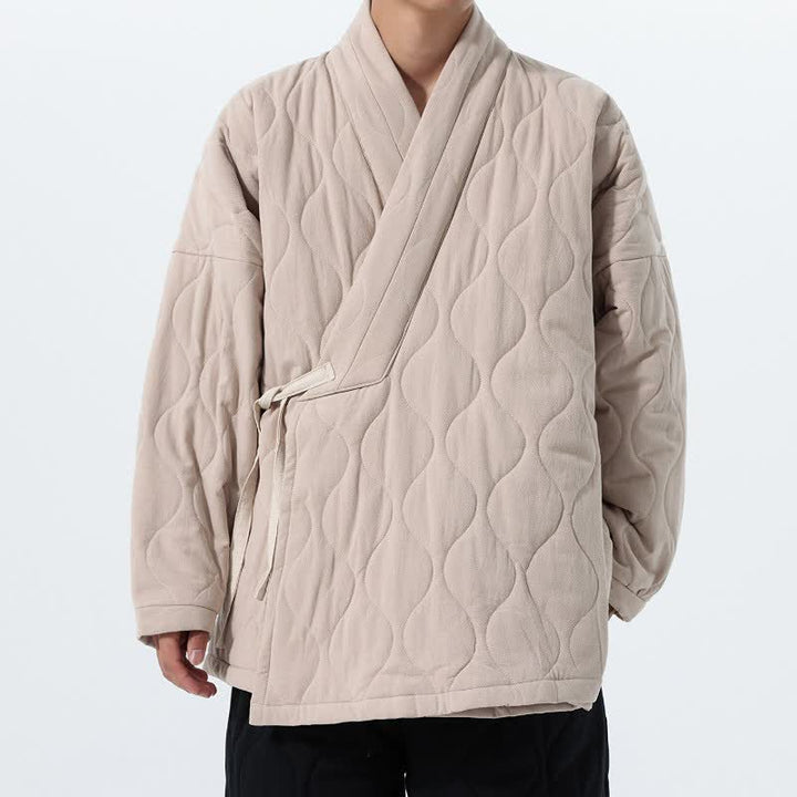 Buddha Stones Fall Winter Casual Tang Style Drawstring Quilted Solid Cotton Men's Kimono With Pockets - Beige - US/UK/AU46，EU56 (5XL) - image 27