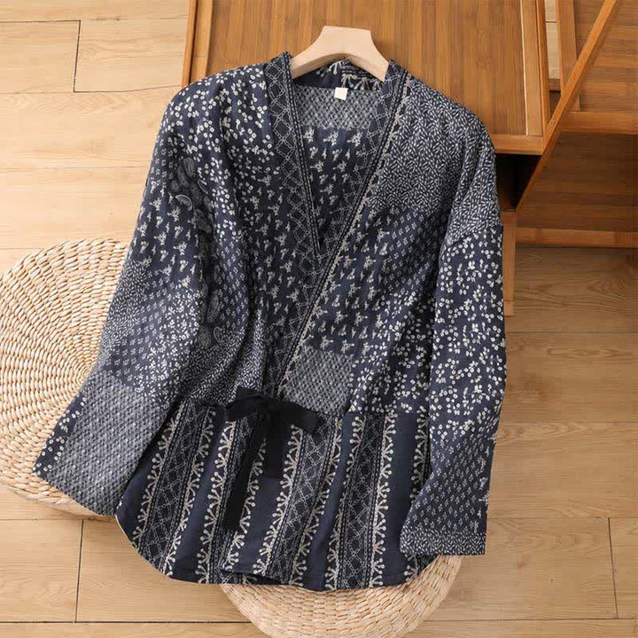 Buddha Stones Fall Winter Casual Boho Drawstring Floral Patchwork Women's Kimono With Pockets - MidnightBlue - US4-8/10, UK/AU8-12/14, EU36-40/42 (F) - image 0