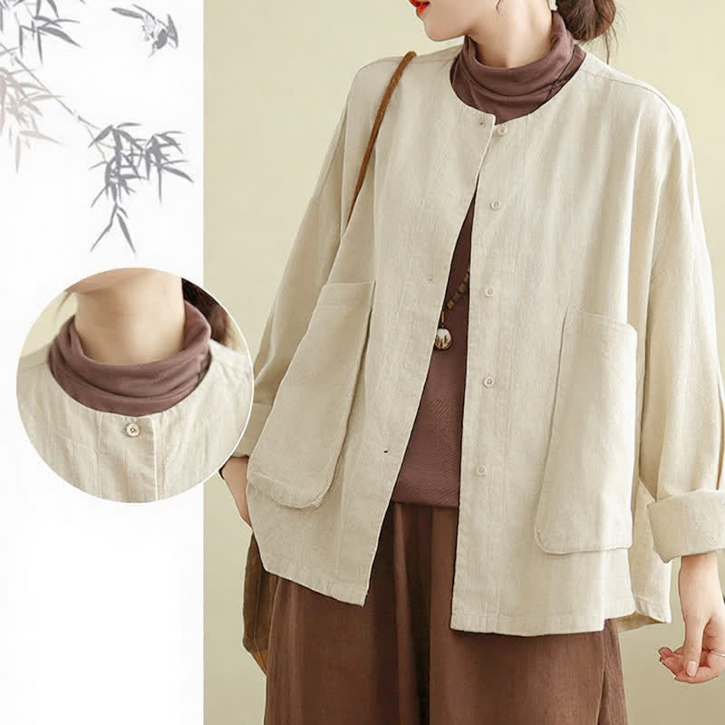 Buddha Stones Spring Fall Casual Retro Button-Up Solid Women's Jacket With Pockets - image 4