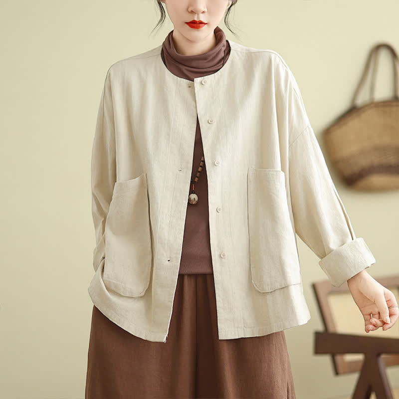 Buddha Stones Spring Fall Casual Retro Button-Up Solid Women's Jacket With Pockets - Linen - US14, UK/AU18, EU46 (2XL) - image 0