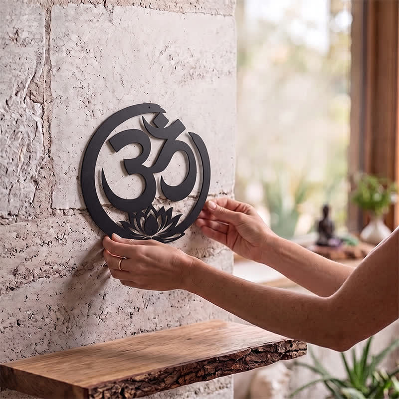 Buddha Stones Sacred OM Lotus Circle Metal Meaningful Symbols Wall Art - image 1