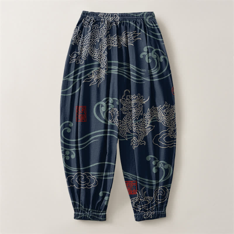 Buddha Stones Pure Cotton Ethnic Dragon Art Pattern Drawstring Men's Harem Pants With Pockets - image 2