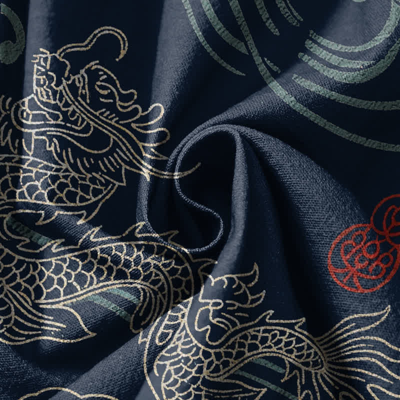Buddha Stones Pure Cotton Ethnic Dragon Art Pattern Drawstring Men's Harem Pants With Pockets - image 5